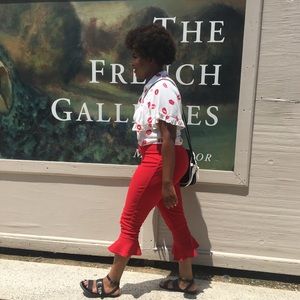 Red frill detail pants